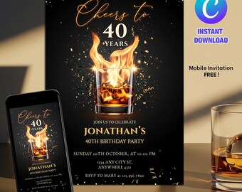 Editable Aged To Perfection Birthday Invitation, Whiskey Bourbon Party Invite, Men's Milestone 30th 40th 50th, Neon Gold Digital Canva