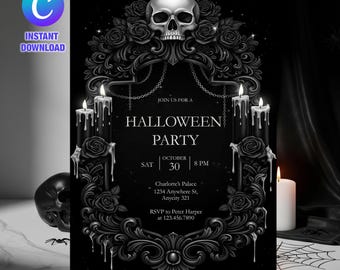 Gothic Skull Halloween Party Invitation Canva Template Printable All Black Party Invite Editable Dark Gothic Birthday Party Invitation