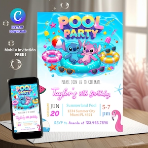 Stitch Pool Party Birthday Invitation for Girl Editable Stitch Invitation Hawaii party invite Tropical birthday invitation