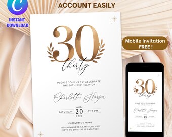 Elegante invitación dorada para 30 cumpleaños: descarga digital (5 x 7 pulgadas y tamaño de teléfono)