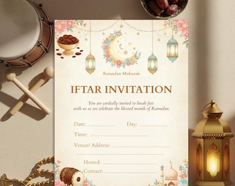 Invitación de Iftar imprimible / Tarjeta de invitación de Iftar de Ramadán / Plantilla para imprimir y escribir / Invitación de Ramadán no editable / Carta de EE. UU. en PDF y A4 /