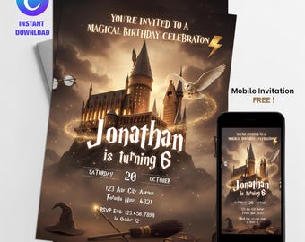 Invitación de cumpleaños de mago: Fiesta de la escuela mágica, plantilla editable (descarga digital)