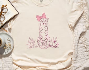 Leopard with Bow Graphic Tee, Vintage Style Cotton T-Shirt