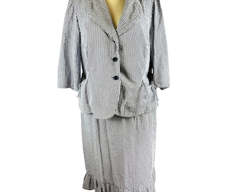 VTG T. Milano Womens Seersucker Skirt Suit Sz 16 Ruffle Hem Blazer Set Striped
