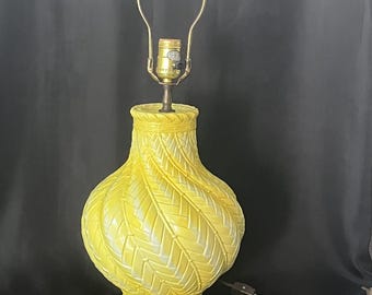 Vintage Canary Yellow Ceramic Lamp with Woven Palm Frond Design
