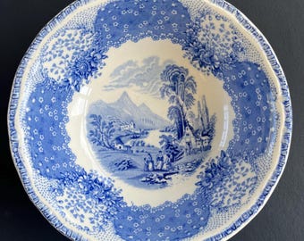 Rare 1930s Royal Doulton of England Pastoral Romantic Blue and White Transferware Cereal Bowl.
