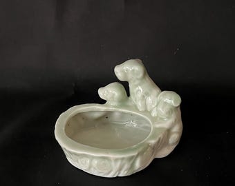 Vintage 1950s Japanese Glazed Porcelain Ashtray with Three Dogs