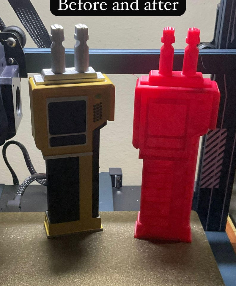 May include: Two 3D-printed models of a handheld device are displayed side-by-side. One is yellow and black, the other is red. The text "Before and after" is at the top of the image. The models have a rectangular body with two vertical antennas.