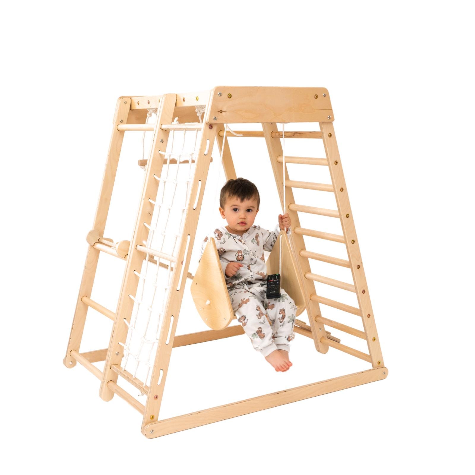 Palestra Per Bambini 9 In 1 In Legno - Scivolo, Altalena, Rete Da Arrampicata E Anelli, Parco Giochi Montessori Da Interno, 121x112x120 Cm - 2