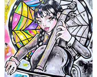 Wednesday Addams with Cello in front of Window  Print 11x17  Anime illustration poster cute