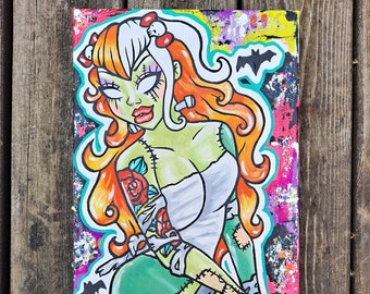 Lady Frankenstein Pin Up Girl Painting Tattooed Cute Horror Flash Art 10x24 Original in acrylics