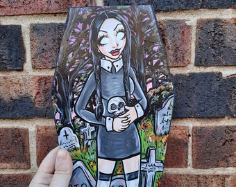 Wedneaday addams cute original art on wood coffin Halloween 6x12 inches