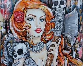 Red Sonja 16x16 satin paper print, warrior skulls fantasy lowbrow art tattoo