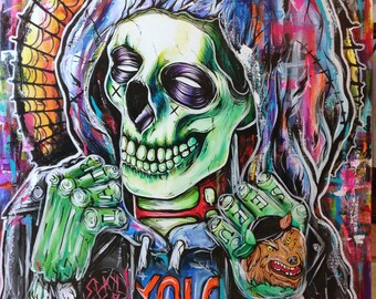 Partt Reaper - satin paper print lowbrow art skeleton reaper skull yolo tattoo art style leather jacket party wolf