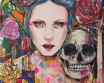 Rescue and Restore- 12x16 Fine Art Print Woman with Skull and Flowers Lowbrow art graffitti new contemporary tattoo wall art