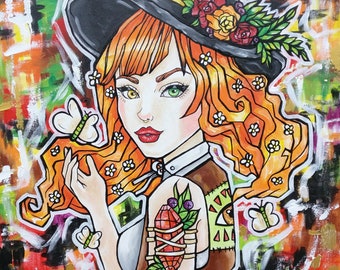 Garden Witch 16 x 16 inches square Satin Paper Print Halloween Fall Butterflies