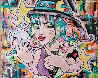 Neon witch anime halloween art painting 20x20 inches cute