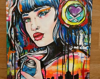 Satin Paper Print  Wall Art Print 11x14 bright graffiti   -  tattoo headphones city  lowbrow