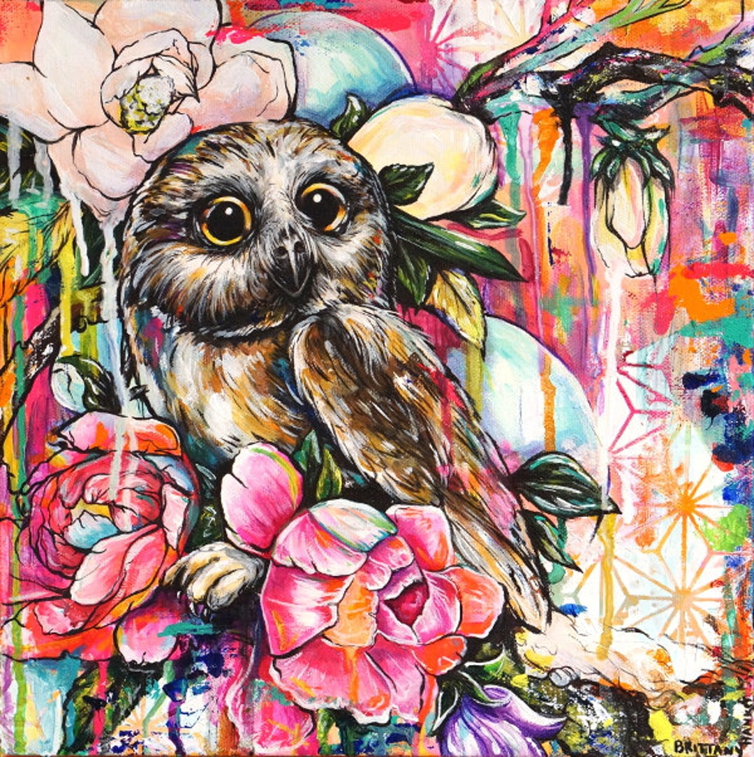 Colorful Bright Owl Stretched Canvas Print 12x12 Inches Nature Wall Art