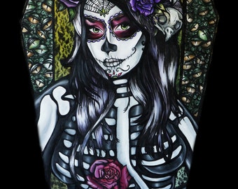 Flower of the Dead -  11x14 Giclee Stretched Canvas Print ( Day Of The Dead Woman in Tattoo Art Style With Coffin and Roses)