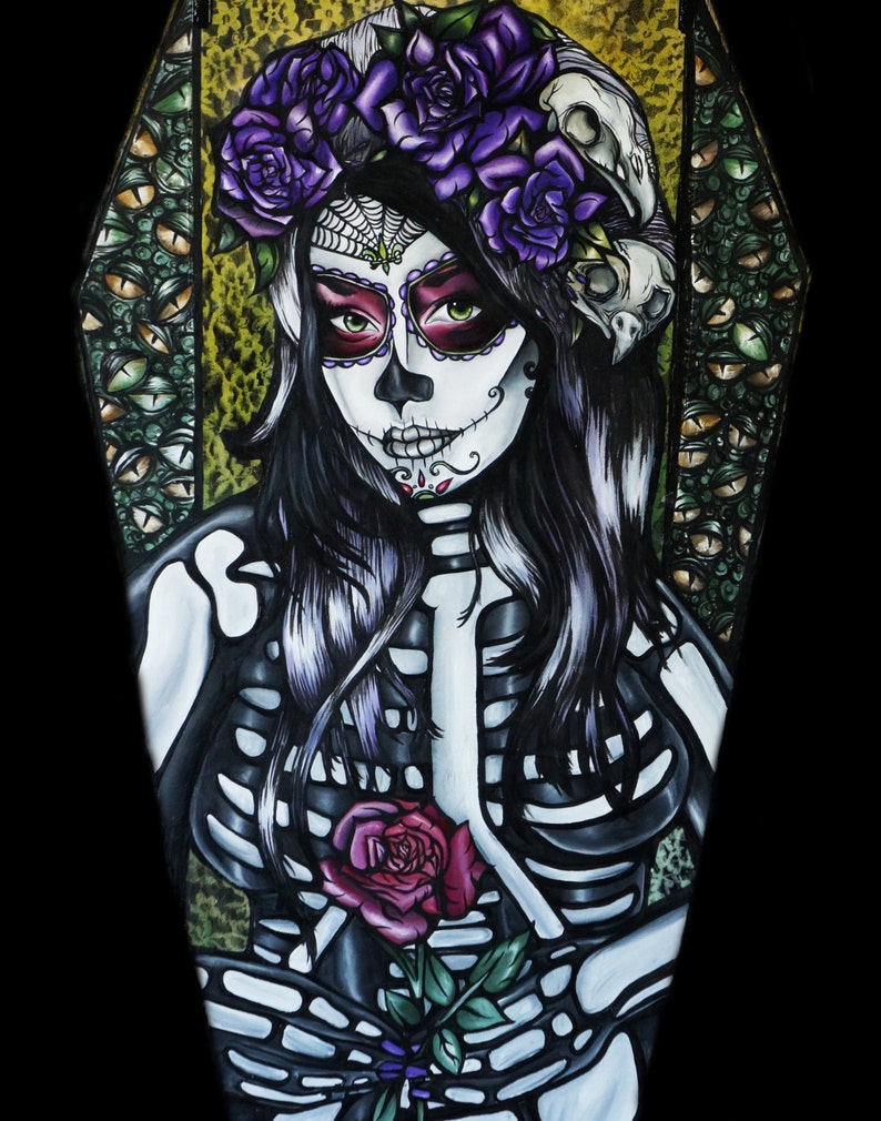 Flower of the Dead 11x14 Giclee Stretched Canvas Print Day Of The Dead Woman in Tattoo Art Style With Coffin and Roses image 1