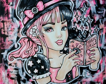 Pink and Black Witch 16 x 16 inches square Satin Paper Print Halloween Kawaii Cute Pastel Goth Spell Book