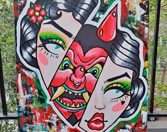 American traditional tattoo flash art painting large original 18x24 inches lady head with split devil face pin up