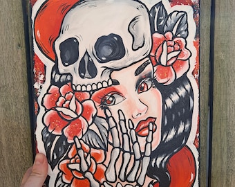 ROSA- Skull and woman tattoo art painting 11x14 lowbrow
