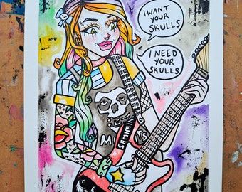 Misfits I Want Your Skulls Original Watercolor and Acrylic Painting 11x15 inches punk rock art