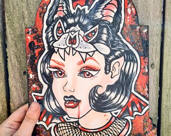 BATTIE lady head anime tattoo  10x12 inches gothic goth punk art halloween painting lowbrow new school raven tombstone