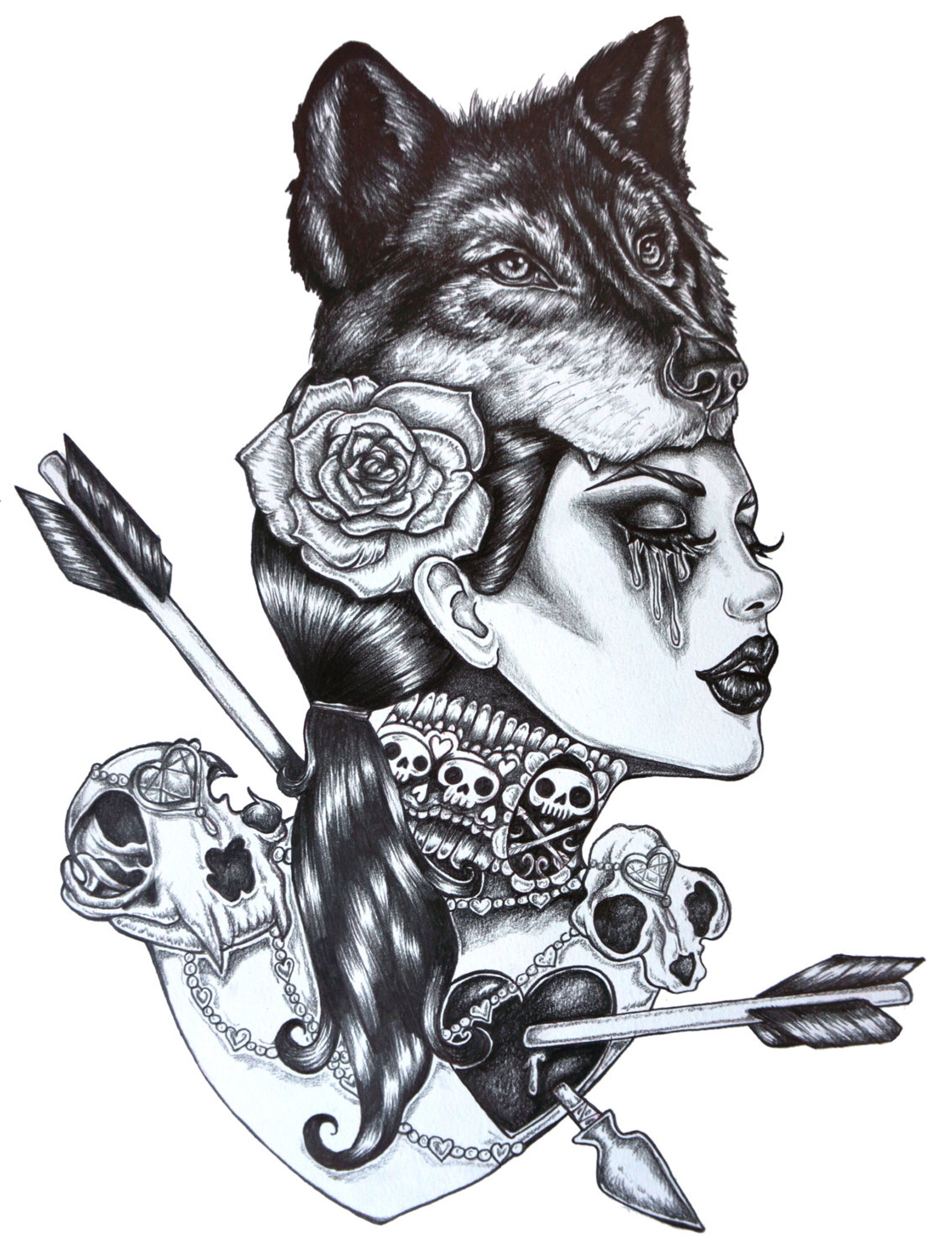 Lone Wolf - Archival Print 12x16 inches Dark Gothic Art Pin Up Tattoo Wolfs...