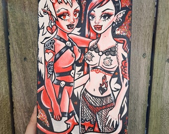 Demon babes - 6 x 12 devil oni girls kawaii gothic goth art painting on wood panel