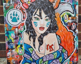 Kitsune anime fox girl nude topless painting 20x24 inches large lowbrow