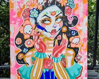 Flora day of the dead art original painting 16x20 illustration kawaii cute