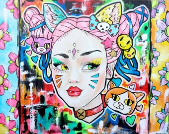 Kitty Cat Kawaii Harajuku 16x20  satin paper print, Anime Cool bright colors  lowbrow art tattoo illustration