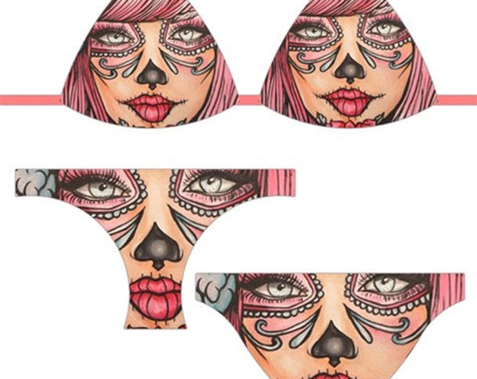 Day of the Dead Bikini Swim Suit Rockabilly Pin up Swimwear Dia De Los