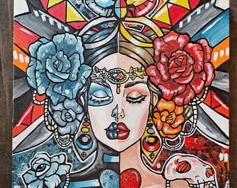 Day of the dead woman painting 14x14 inches original art lowbrow new contemporary new school