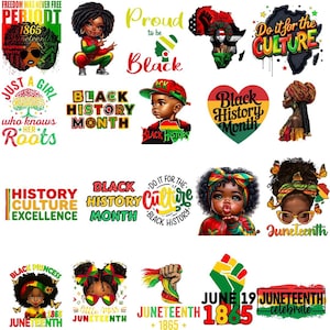 May include: A collection of colorful graphic designs celebrating Black history and culture. The images include portraits, text, and symbols related to Juneteenth and Black History Month. The designs feature vibrant colors and diverse imagery.