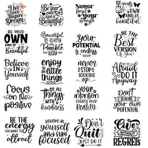 Könnte beinhalten: Eine Sammlung von inspirierenden Zitaten in Schwarzweiß in verschiedenen Schriftarten. Sätze wie "Live Love Inspire Dream", "Be your own kind of Beautiful" und "Don't Quit Just Do It".