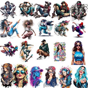 Pode incluir: Uma coleção de ilustrações digitais coloridas com diversas figuras em streetwear urbano. As imagens mostram indivíduos em várias poses, incluindo skate, dança e ouvir música. Cada ilustração tem um estilo único com cores vibrantes e composições dinâmicas.