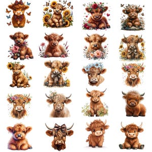May include: A collection of watercolor illustrations featuring adorable Highland cows. Each cow is depicted with unique floral crowns, bows, or surrounded by flowers and butterflies. The cows are in various poses, with a warm, inviting color palette.