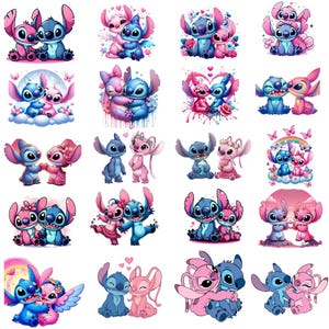 Puede incluir: Una colección de ilustraciones de dibujos animados coloridos con los personajes Stitch y Angel en varias poses. Las imágenes muestran a los personajes en tonos de azul y rosa, a menudo con corazones, flores y otros elementos decorativos.