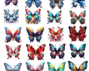 Watercolor Butterflies and Flowers PNG Clipart Bundle (Digital Download)