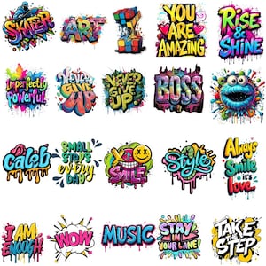 Op de afbeelding: Een verzameling kleurrijke graffiti-kunstontwerpen met verschillende zinnen en woorden. Ontwerpen omvatten "Skater", "Art", "You Are Amazing", "Rise & Shine", "Boss", "Never Give Up", "Always Smile" en meer. Elk ontwerp heeft een uniek kleurenschema en stijl.