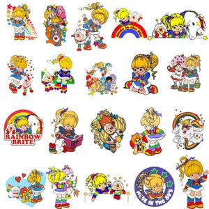 May include: A collection of colorful Rainbow Brite stickers and illustrations. The images feature the character Rainbow Brite with her signature blonde hair, along with other characters, rainbows, and stars. The designs are in a cartoon style.