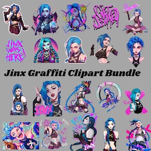 May include: A collection of colorful Jinx graffiti clipart images. The images feature a character with blue hair in various poses and outfits. Some images include text like "Jinx was here" and "Get Jinxed".