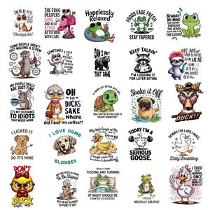 Puede incluir: Una colección de gráficos de animales de dibujos animados humorísticos con texto. Los diseños incluyen una rana, un pato, un perro, un gato y un oso, cada uno con una frase única. Las imágenes son coloridas y presentan varios estilos.