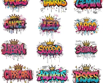 Zodia80c Graffiti PNG Clipart Bundle, Street Art Astrology (Digital Download)