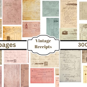 May include: A collection of vintage receipts in shades of pink, beige, and blue, with handwritten text and stamps. The image includes the text "Vintage Receipts", "10 pages", and "300dpi".