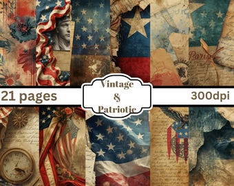 Paquete de papeles digitales vintage y patrióticos - 20 páginas - Papel para álbumes de recortes estilo americano - Descarga instantánea - Materiales para diarios basura